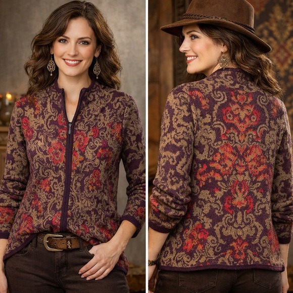 Pendleton Sweaters - VTG 90s Pendleton Cardigan Women S Purple Wool Full Zip Paisley Jacquard Sweater